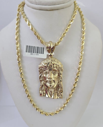 10k Solid Rope Chain Jesus Head Charm Set 4mm 20" - 28" Necklace Gold Yellow - Reva Jeweler