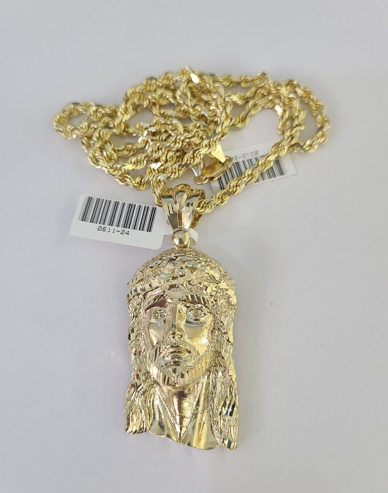 10k Solid Rope Chain Jesus Head Charm Set 4mm 20" - 28" Necklace Gold Yellow - Reva Jeweler