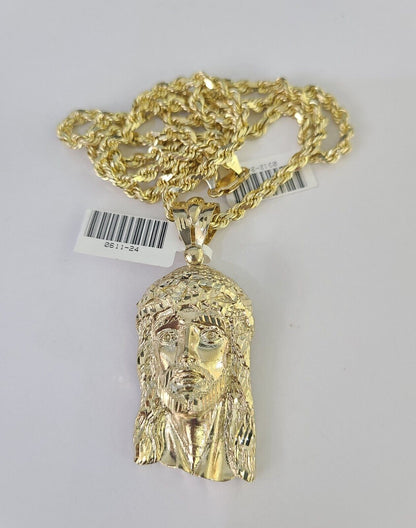 10k Solid Rope Chain Jesus Head Charm Set 4mm 20" - 28" Necklace Gold Yellow - Reva Jeweler