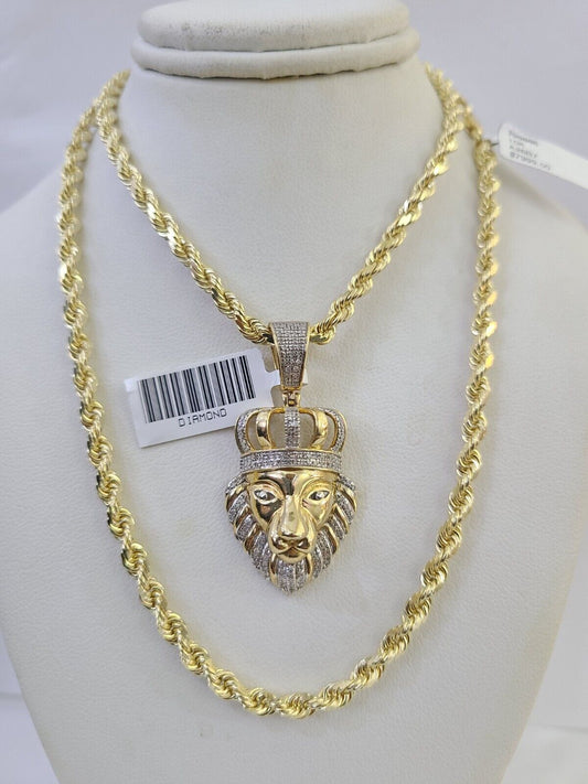 10k Solid Rope Chain Lion Charm Diamond Set 4mm 20" - 28" Necklace Gold Yellow - GoldenlinQ