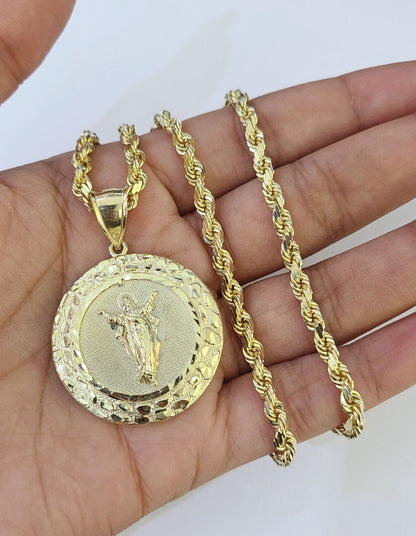 10k Solid Rope Chain Nugget Medallion Guadalupe Charm Set 4mm 18" - 28" Necklace - GoldenlinQ