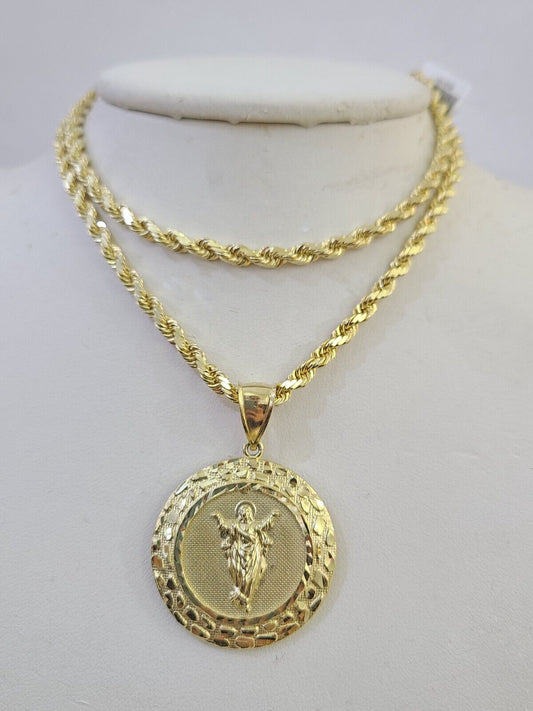 10k Solid Rope Chain Nugget Medallion Guadalupe Charm Set 4mm 18" - 28" Necklace - GoldenlinQ