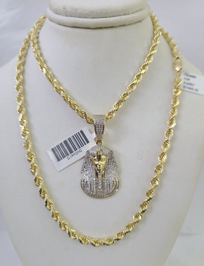 10k Solid Rope Chain Pharaoh Charm Diamond Set 4mm 20" - 28" Necklace Gold Yellow - GoldenlinQ