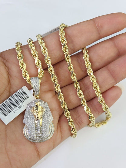 10k Solid Rope Chain Pharaoh Charm Diamond Set 4mm 20" - 28" Necklace Gold Yellow - GoldenlinQ