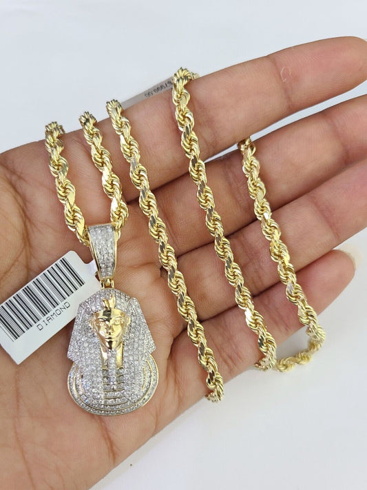 10k Solid Rope Chain Pharaoh Charm Diamond Set 4mm 20" - 28" Necklace Gold Yellow - GoldenlinQ