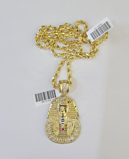 10k Solid Rope Chain Pharaoh Charm Set 4mm 18" - 28" Necklace Yellow Gold Pendant - GoldenlinQ