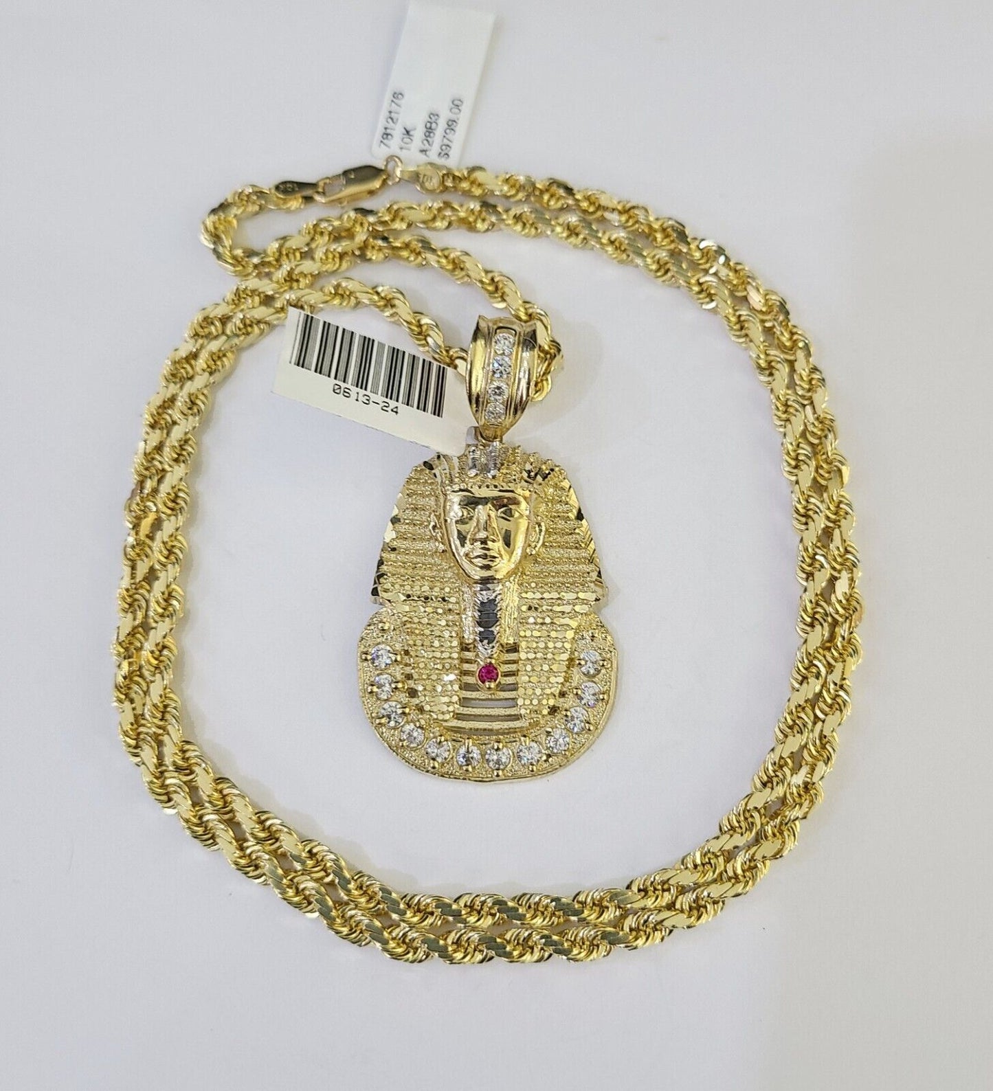 10k Solid Rope Chain Pharaoh Charm Set 4mm 18" - 28" Necklace Yellow Gold Pendant - GoldenlinQ