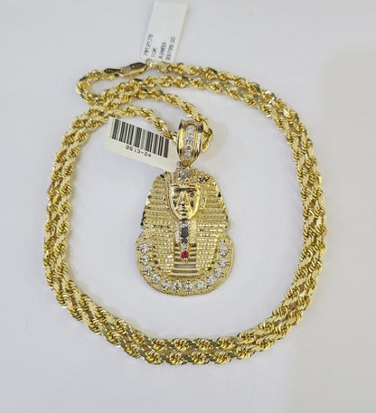 10k Solid Rope Chain Pharaoh Charm Set 4mm 18" - 28" Necklace Yellow Gold Pendant - GoldenlinQ