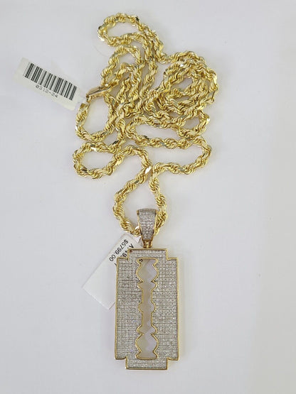 10k Solid Rope Chain Razor Blade Charm Diamond Set 4mm 20" - 28" Necklace Gold - GoldenlinQ