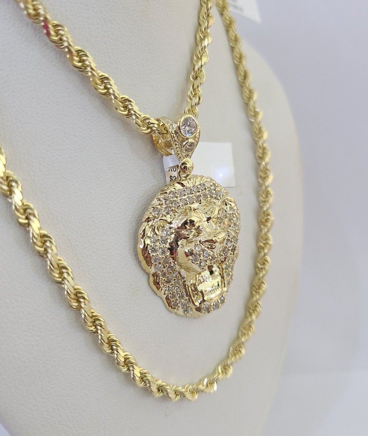 10k Solid Rope Chain Roaring Lion Charm Set 4mm 20" - 28" Necklace Gold Yellow - Reva Jeweler