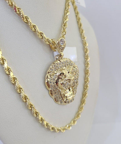 10k Solid Rope Chain Roaring Lion Charm Set 4mm 20" - 28" Necklace Gold Yellow - Reva Jeweler