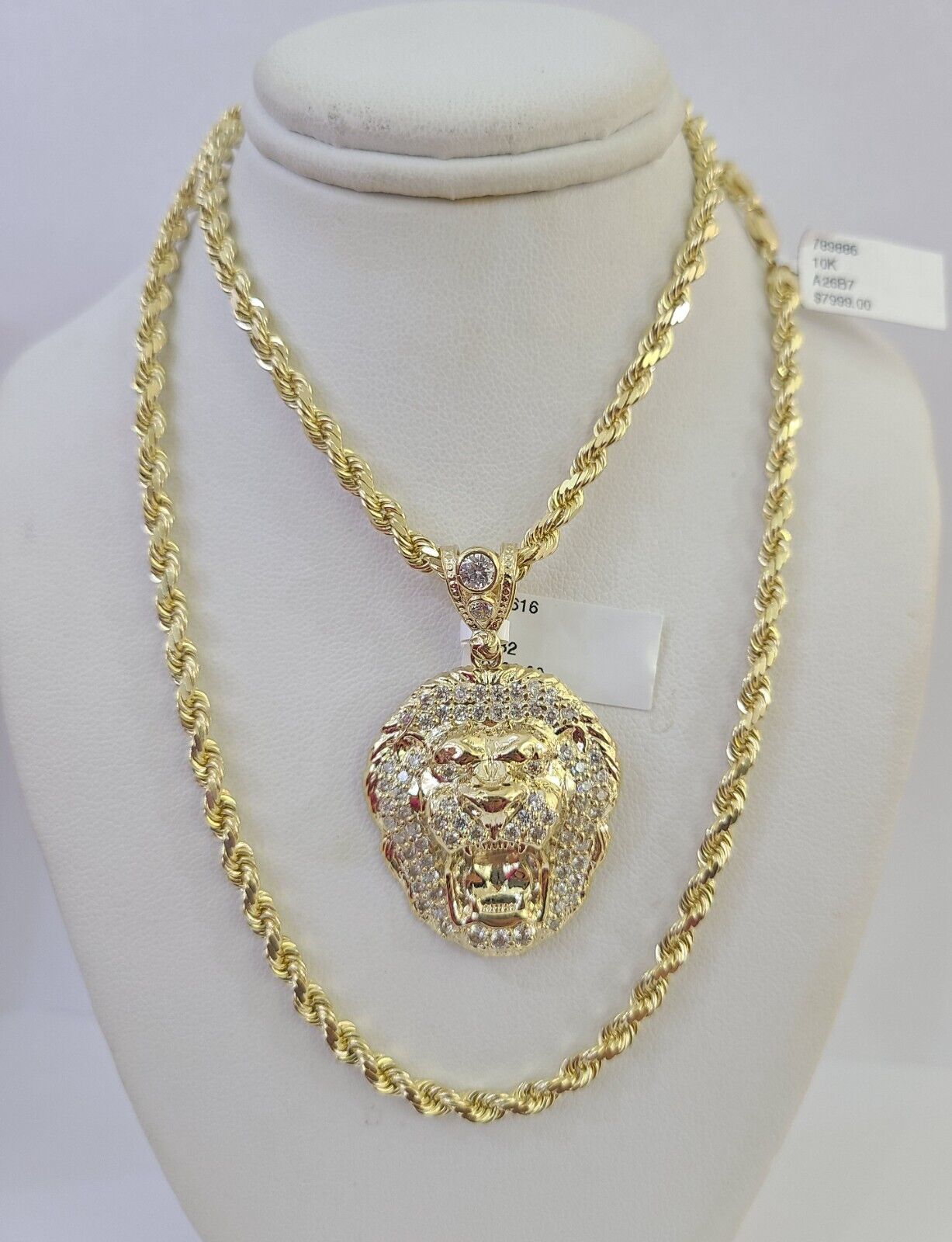 10k Solid Rope Chain Roaring Lion Charm Set 4mm 20" - 28" Necklace Gold Yellow - Reva Jeweler