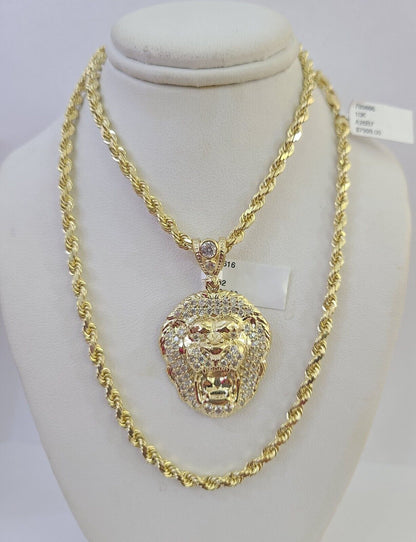 10k Solid Rope Chain Roaring Lion Charm Set 4mm 20" - 28" Necklace Gold Yellow - Reva Jeweler