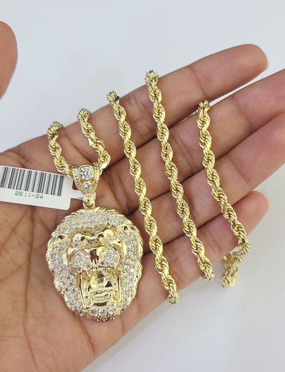 10k Solid Rope Chain Roaring Lion Charm Set 4mm 20" - 28" Necklace Gold Yellow - Reva Jeweler