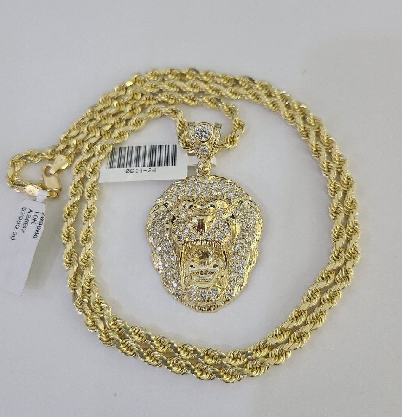 10k Solid Rope Chain Roaring Lion Charm Set 4mm 20" - 28" Necklace Gold Yellow - Reva Jeweler
