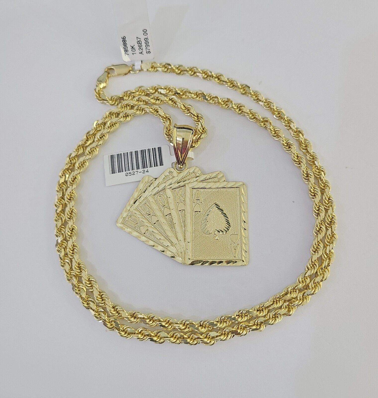 10k Solid Rope Chain Royal Flush Cards Charm Set 4mm 20" - 28" Necklace Gold - Reva Jeweler