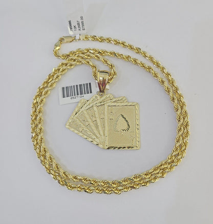 10k Solid Rope Chain Royal Flush Cards Charm Set 4mm 20" - 28" Necklace Gold - Reva Jeweler