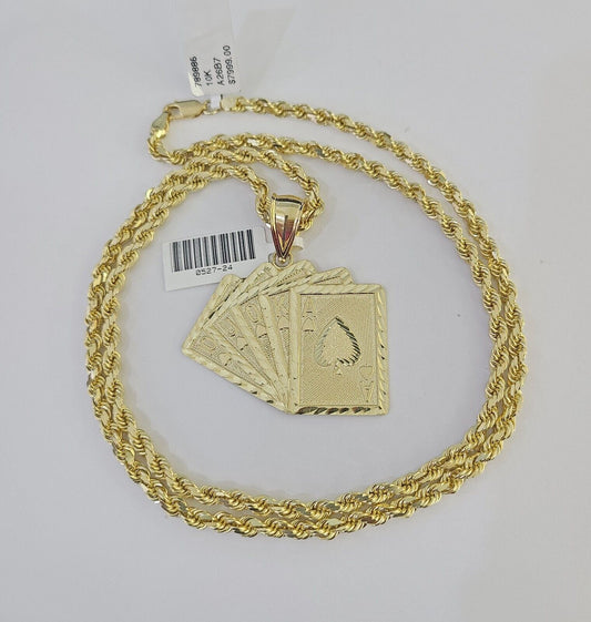 10k Solid Rope Chain Royal Flush Cards Charm Set 4mm 20" - 28" Necklace Gold - Reva Jeweler