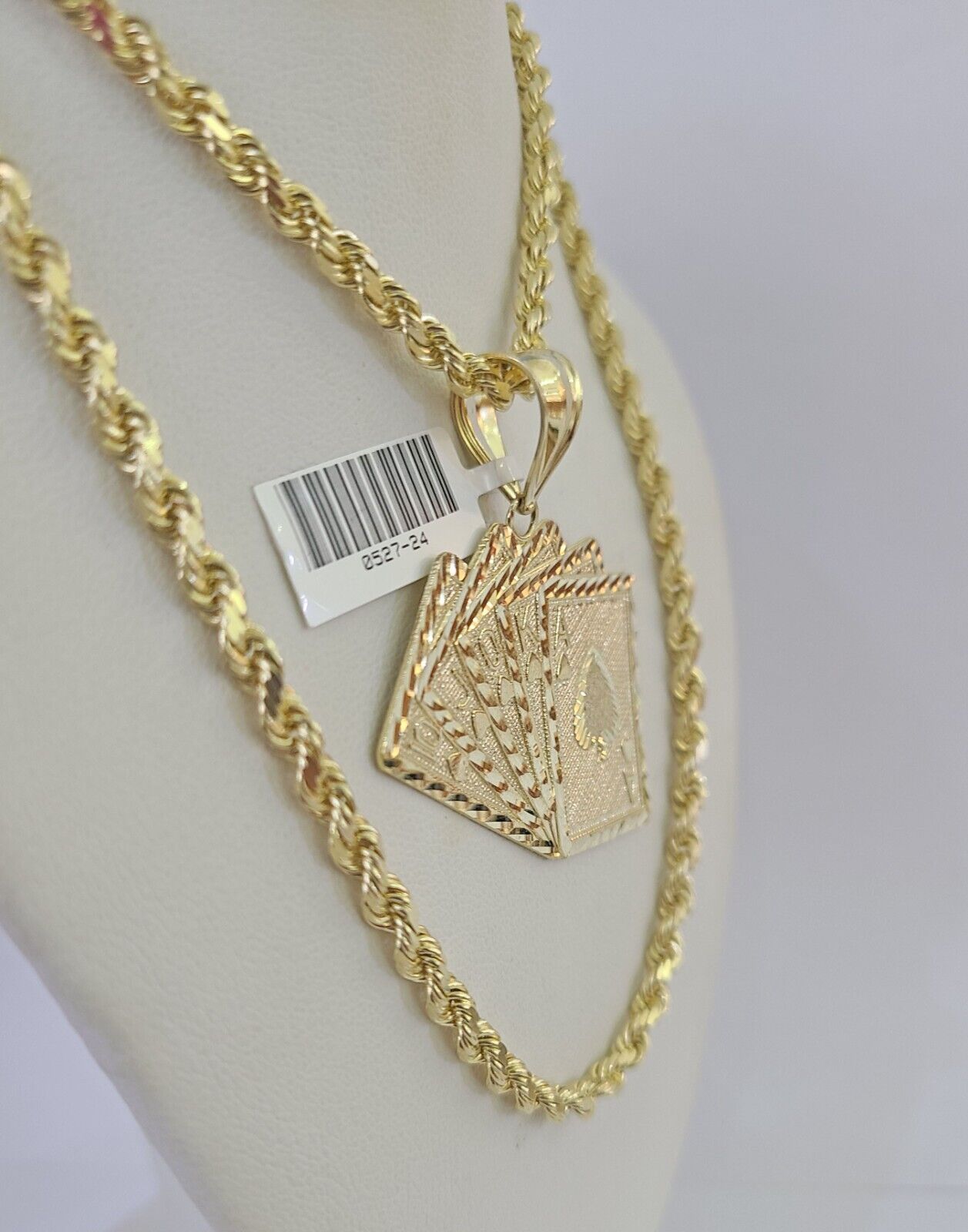 10k Solid Rope Chain Royal Flush Cards Charm Set 4mm 20" - 28" Necklace Gold - Reva Jeweler