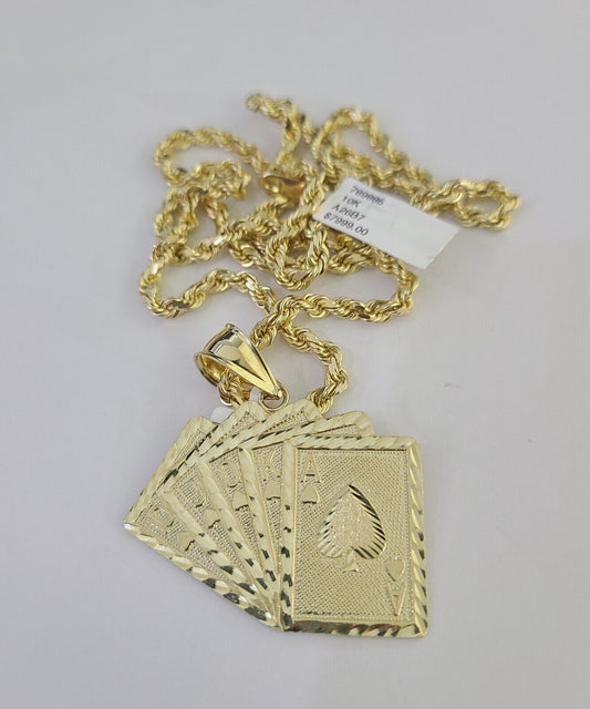 10k Solid Rope Chain Royal Flush Cards Charm Set 4mm 20" - 28" Necklace Gold - Reva Jeweler