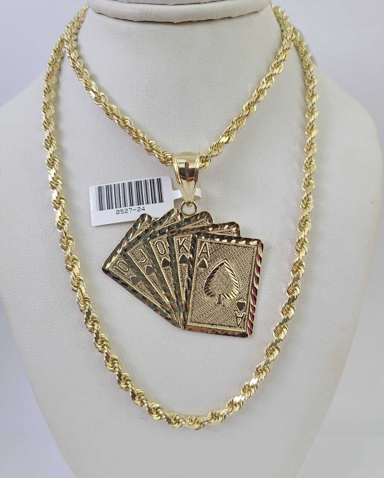 10k Solid Rope Chain Royal Flush Cards Charm Set 4mm 20" - 28" Necklace Gold - Reva Jeweler