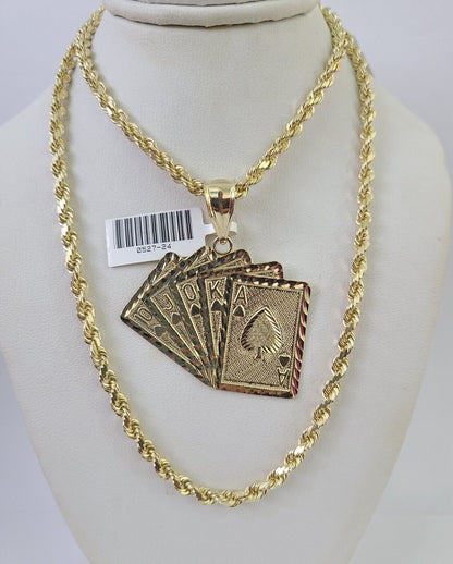 10k Solid Rope Chain Royal Flush Cards Charm Set 4mm 20" - 28" Necklace Gold - Reva Jeweler