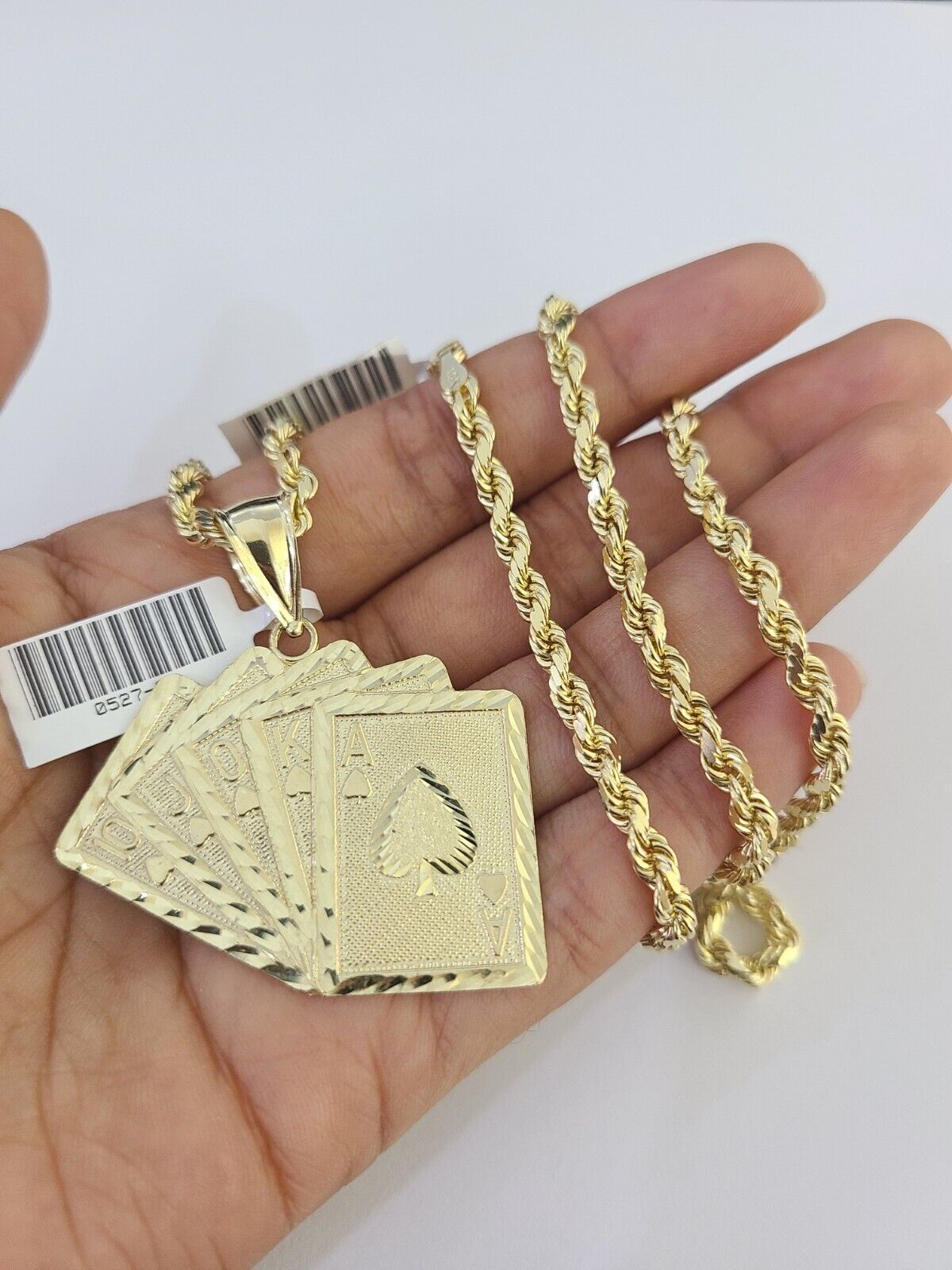 10k Solid Rope Chain Royal Flush Cards Charm Set 4mm 20" - 28" Necklace Gold - Reva Jeweler