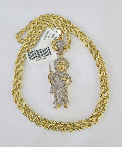 10k Solid Rope Chain Saint Jude Charm Diamond Set 4mm 20" - 28" Necklace Gold - GoldenlinQ