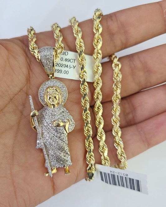 10k Solid Rope Chain Saint Jude Charm Diamond Set 4mm 20" - 28" Necklace Gold - GoldenlinQ