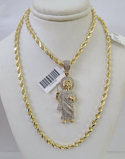 10k Solid Rope Chain Saint Jude Charm Diamond Set 4mm 20" - 28" Necklace Gold - GoldenlinQ