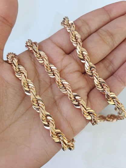 10k Solid Rose Gold Rope Chain Necklace 24" Inches 7mm Diamond Cut - Reva Jeweler
