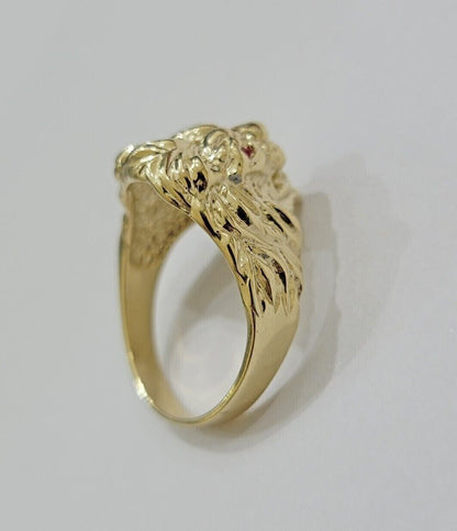 10k Solid Yellow Gold Men's Lion Roaring Ring Casual Style 10kt Red Eye New SALE - Reva Jeweler