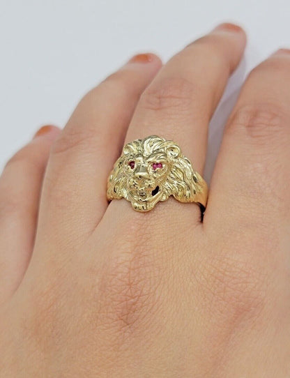 10k Solid Yellow Gold Men's Lion Roaring Ring Casual Style 10kt Red Eye New SALE - Reva Jeweler