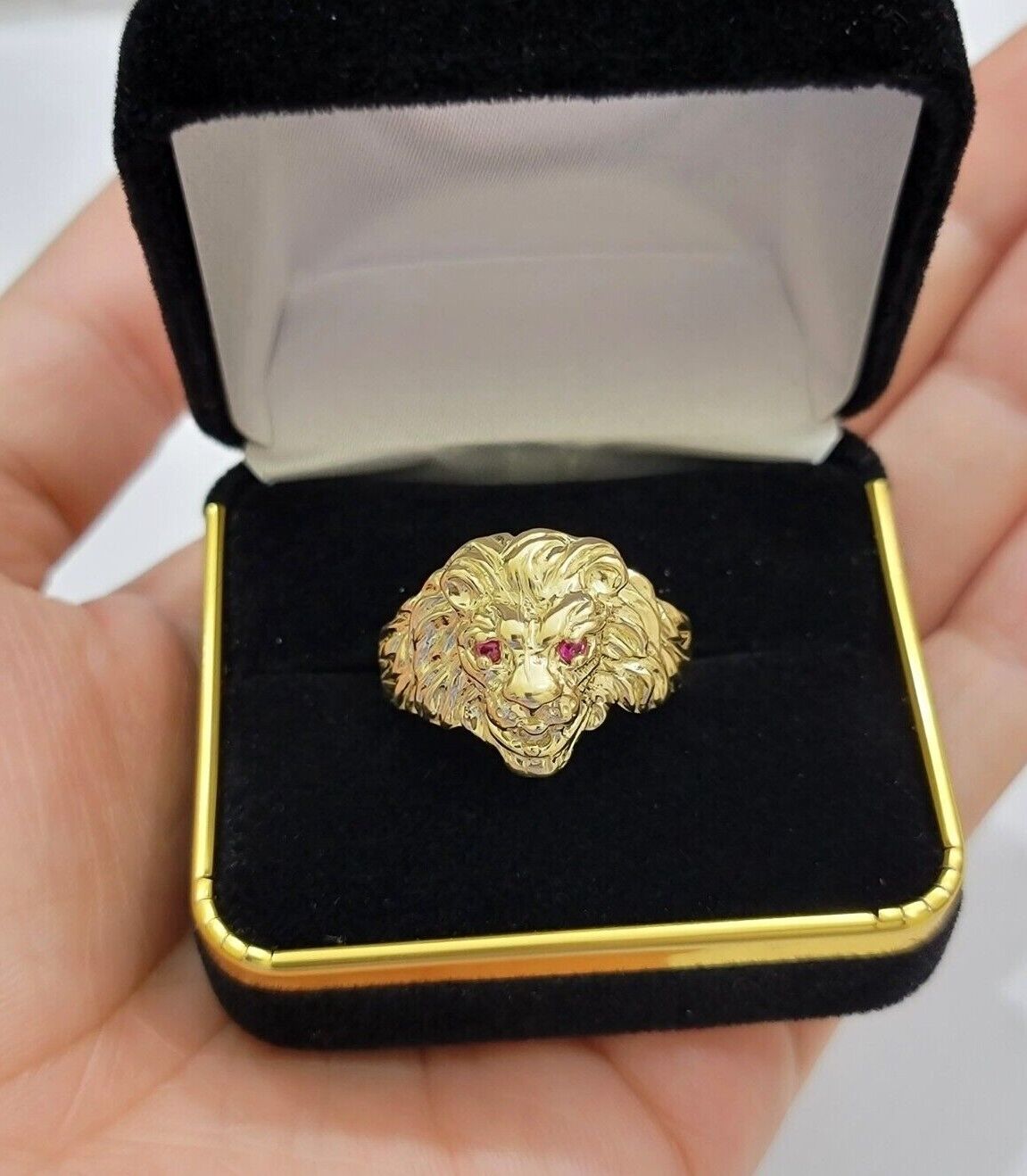 10k Solid Yellow Gold Men's Lion Roaring Ring Casual Style 10kt Red Eye New SALE - Reva Jeweler