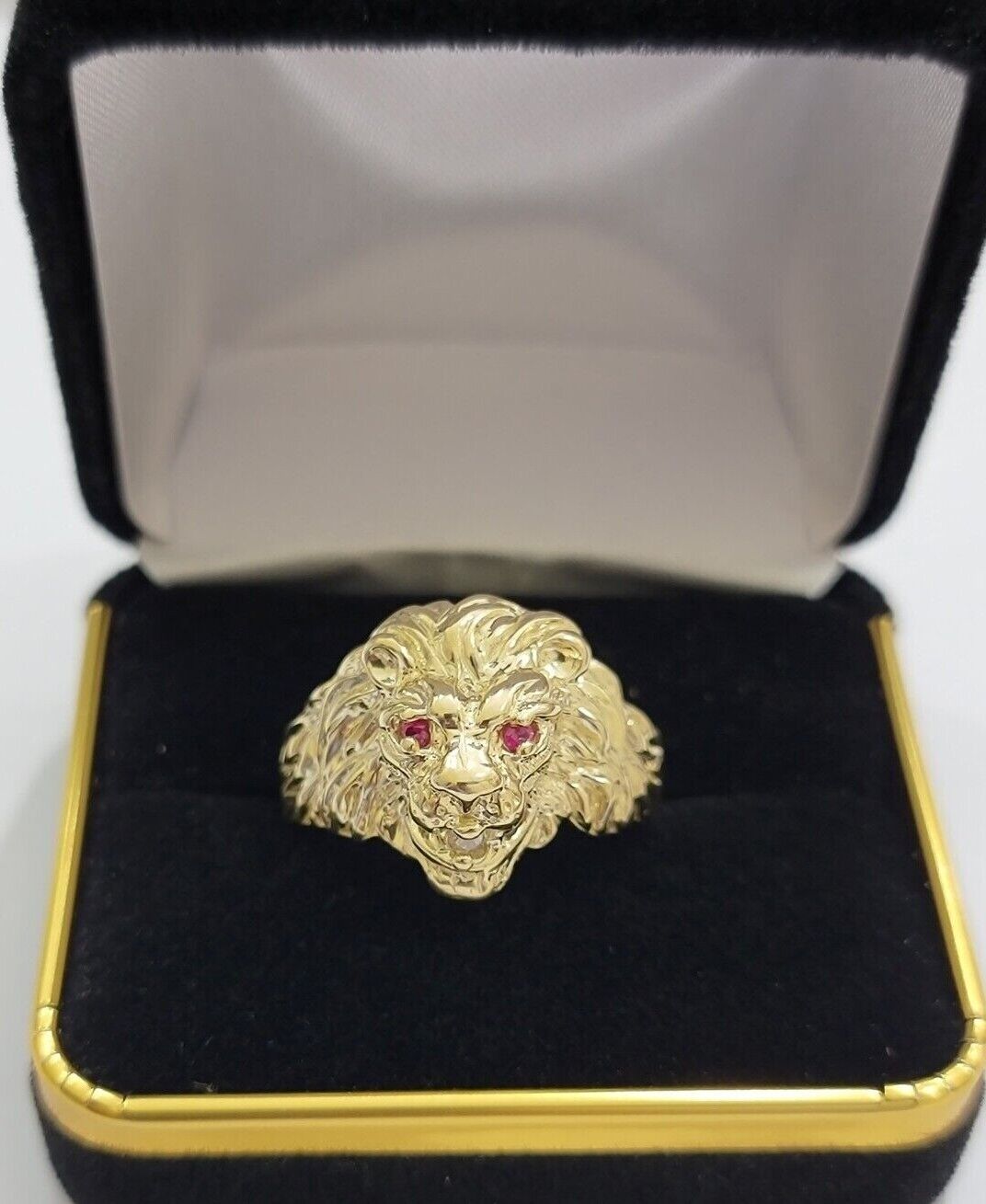 10k Solid Yellow Gold Men's Lion Roaring Ring Casual Style 10kt Red Eye New SALE - Reva Jeweler