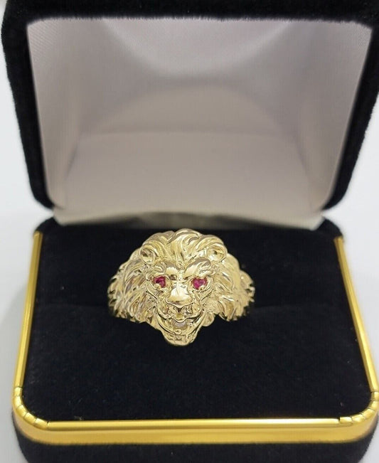10k Solid Yellow Gold Men's Lion Roaring Ring Casual Style 10kt Red Eye New SALE - Reva Jeweler