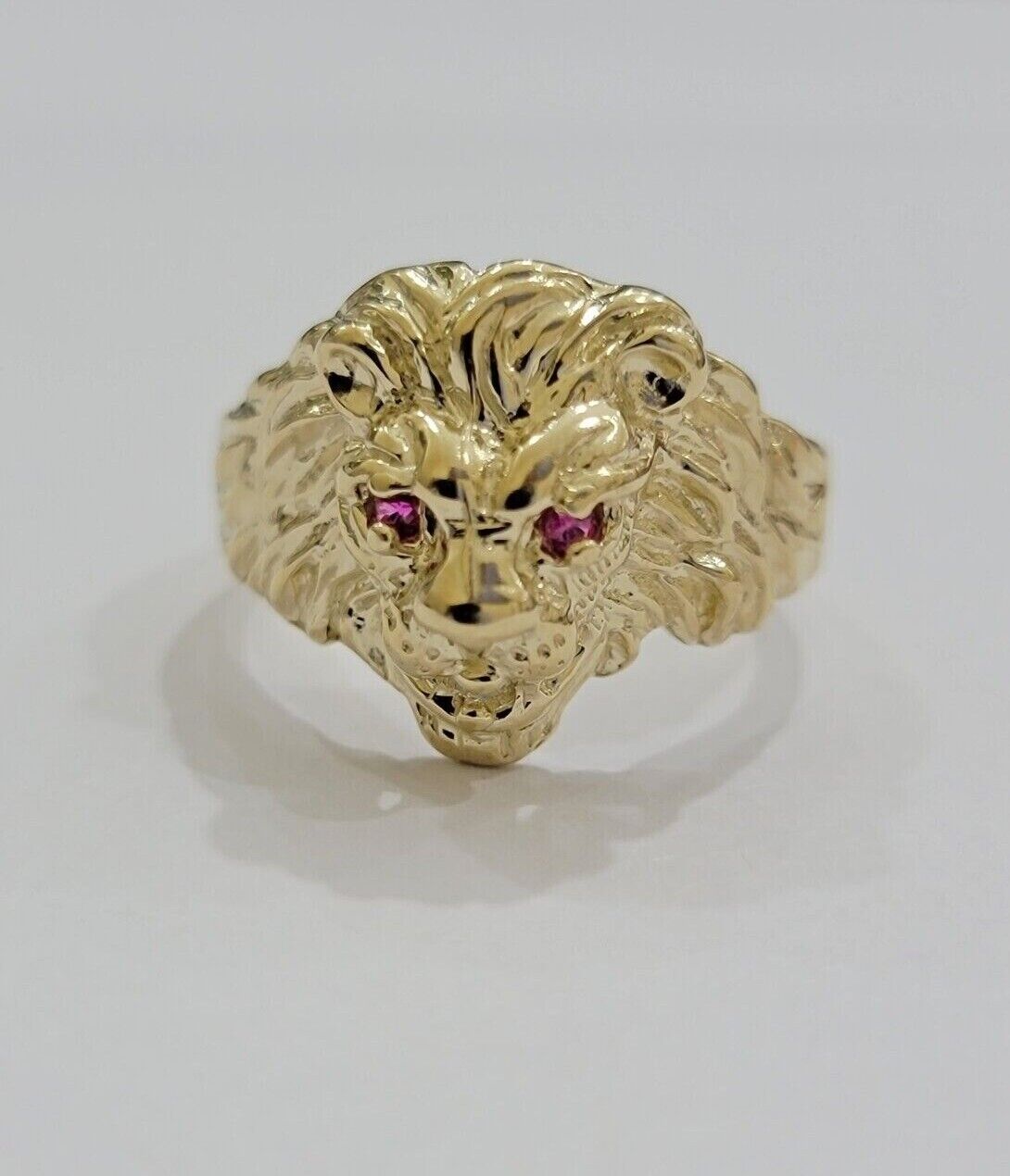 10k Solid Yellow Gold Men's Lion Roaring Ring Casual Style 10kt Red Eye New SALE - Reva Jeweler