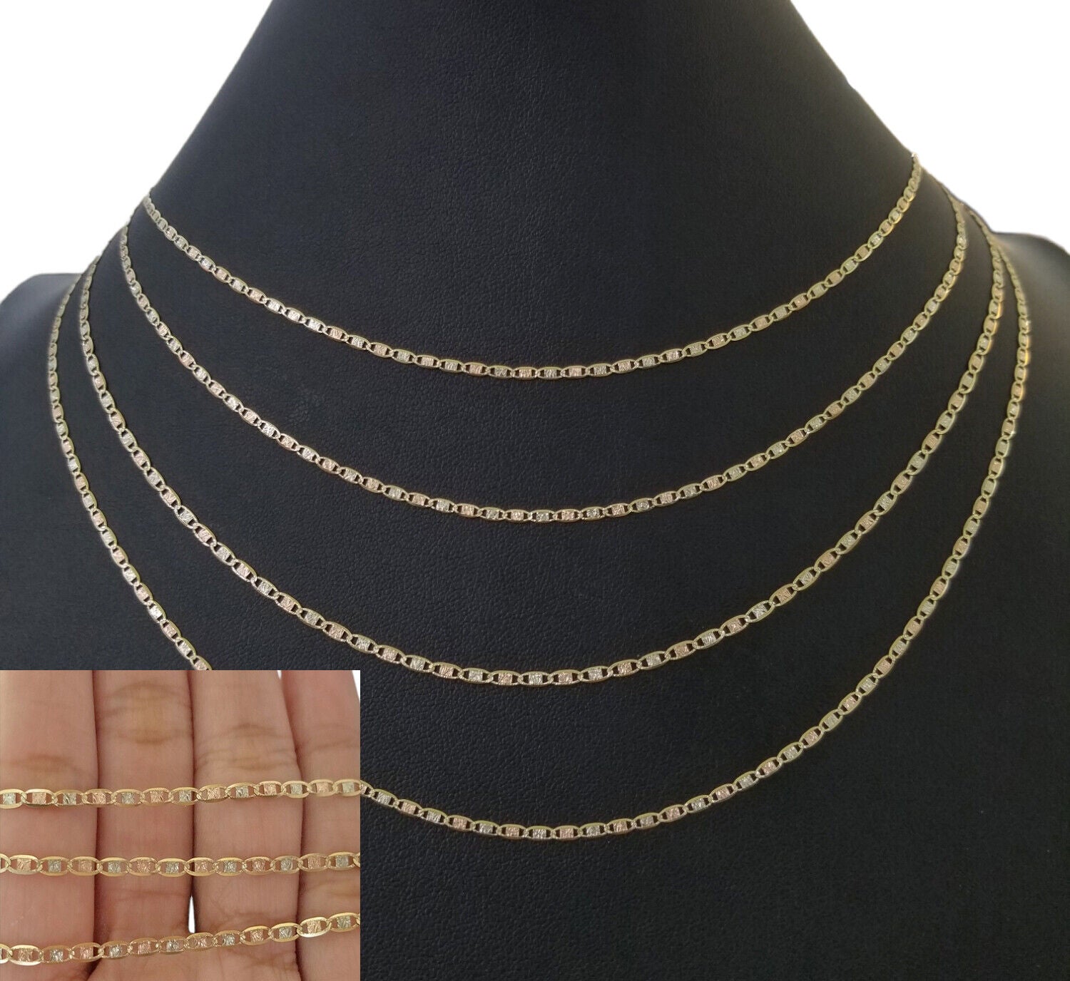 10K Trio Color Gold 2mm Valentino Mariner Anchor Chain Necklace 16" 20" 22" Inch - Reva Jeweler