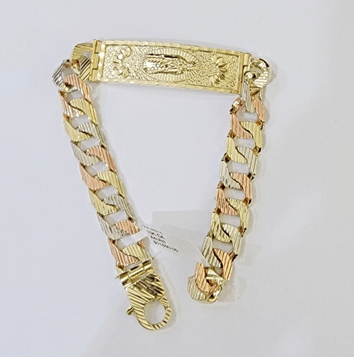 10K Trio Gold ID Bracelet With Miami Cuban Link 11 mm 8.5" inches 10kt - Reva Jeweler