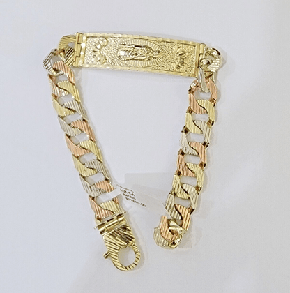 10K Trio Gold ID Bracelet With Miami Cuban Link 11 mm 8.5" inches 10kt - Reva Jeweler