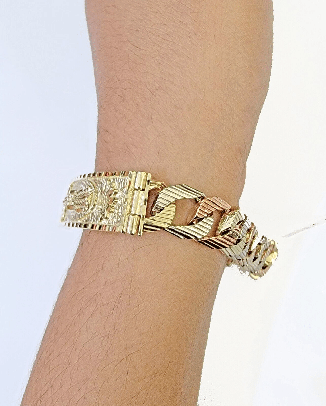 10K Trio Gold ID Bracelet With Miami Cuban Link 11 mm 8.5" inches 10kt - Reva Jeweler