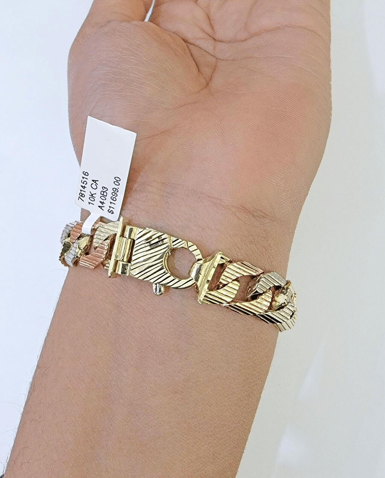 10K Trio Gold ID Bracelet With Miami Cuban Link 11 mm 8.5" inches 10kt - Reva Jeweler