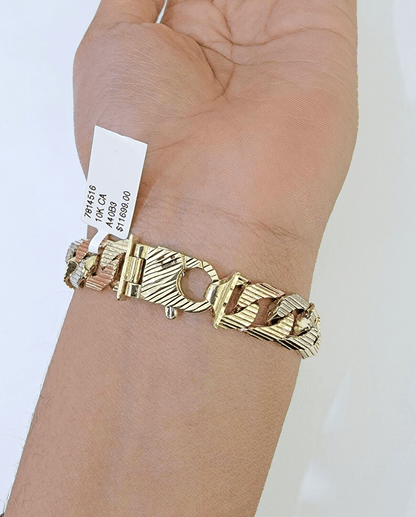 10K Trio Gold ID Bracelet With Miami Cuban Link 11 mm 8.5" inches 10kt - Reva Jeweler