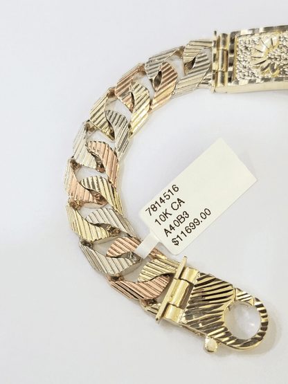 10K Trio Gold ID Bracelet With Miami Cuban Link 11 mm 8.5" inches 10kt - Reva Jeweler