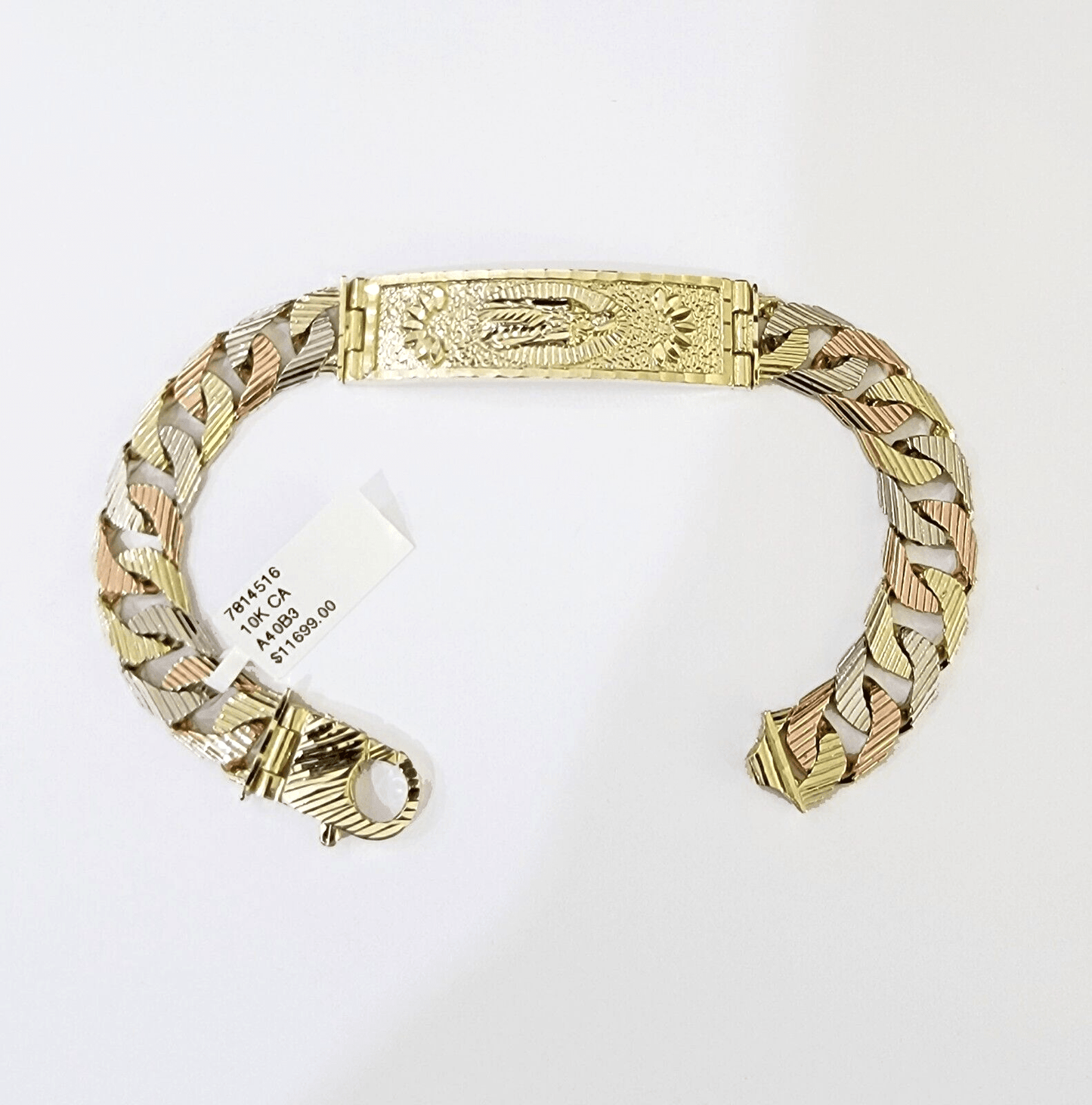 10K Trio Gold ID Bracelet With Miami Cuban Link 11 mm 8.5" inches 10kt - Reva Jeweler