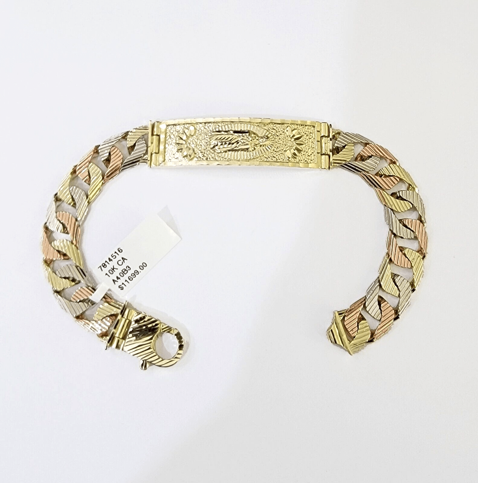 10K Trio Gold ID Bracelet With Miami Cuban Link 11 mm 8.5" inches 10kt - Reva Jeweler
