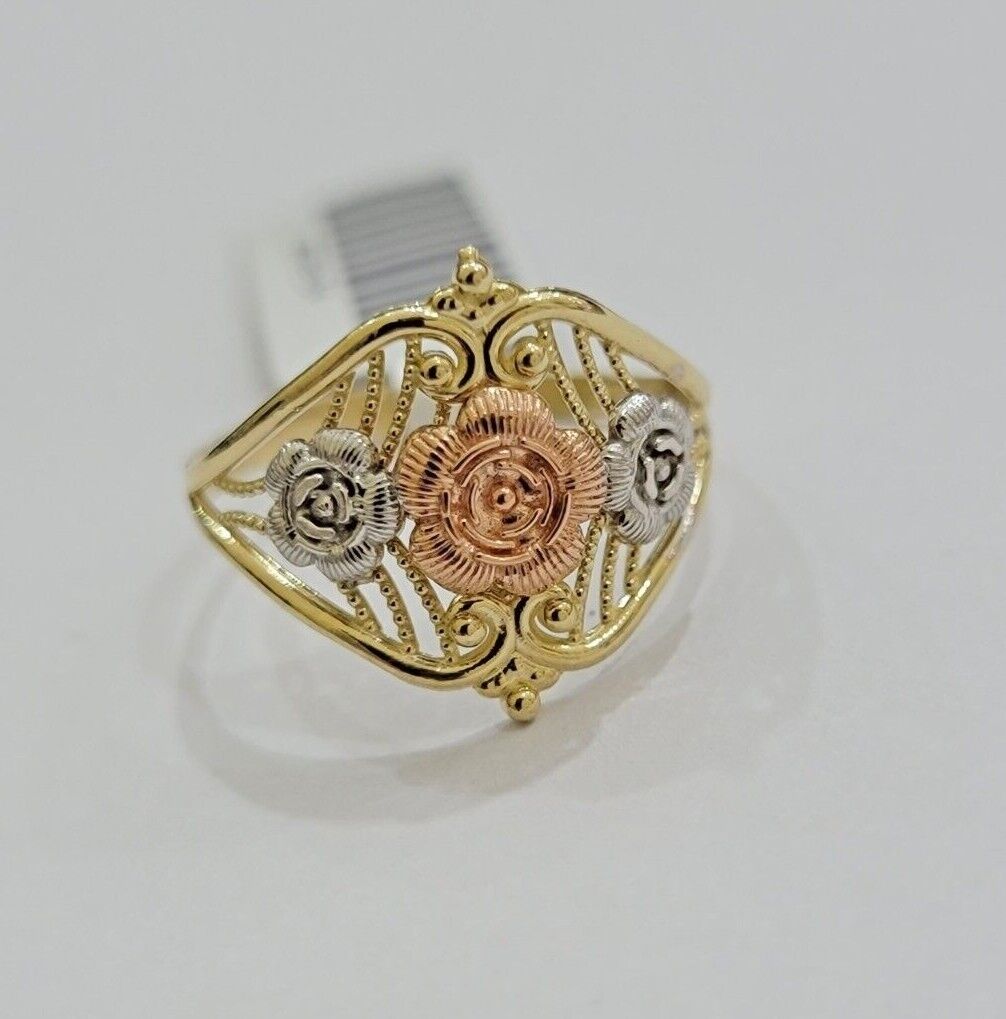 10k Trio Gold Lady Flower Ring Womens Casual Yellow Band Real 10kt Unique Design - Reva Jeweler