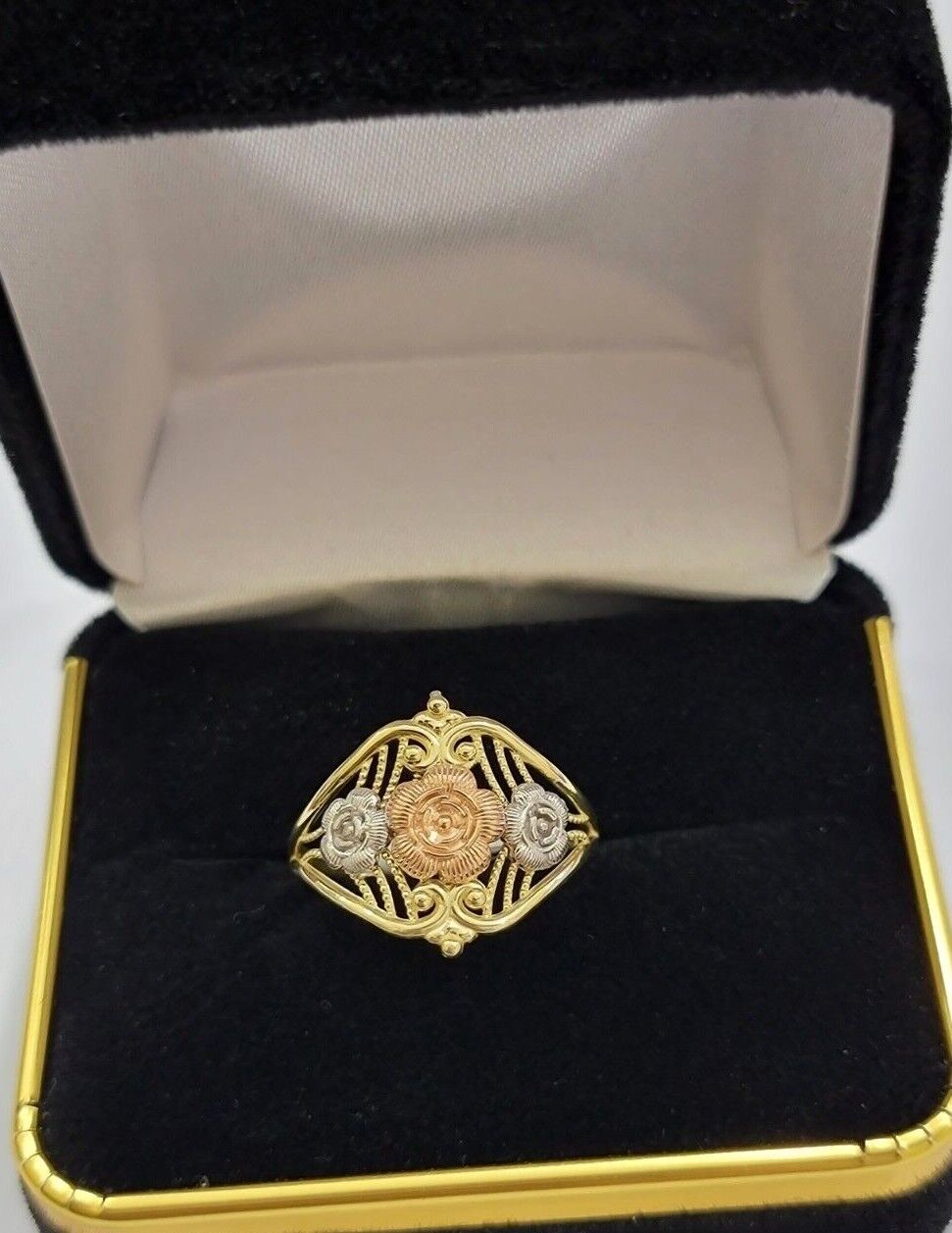 10k Trio Gold Lady Flower Ring Womens Casual Yellow Band Real 10kt Unique Design - Reva Jeweler