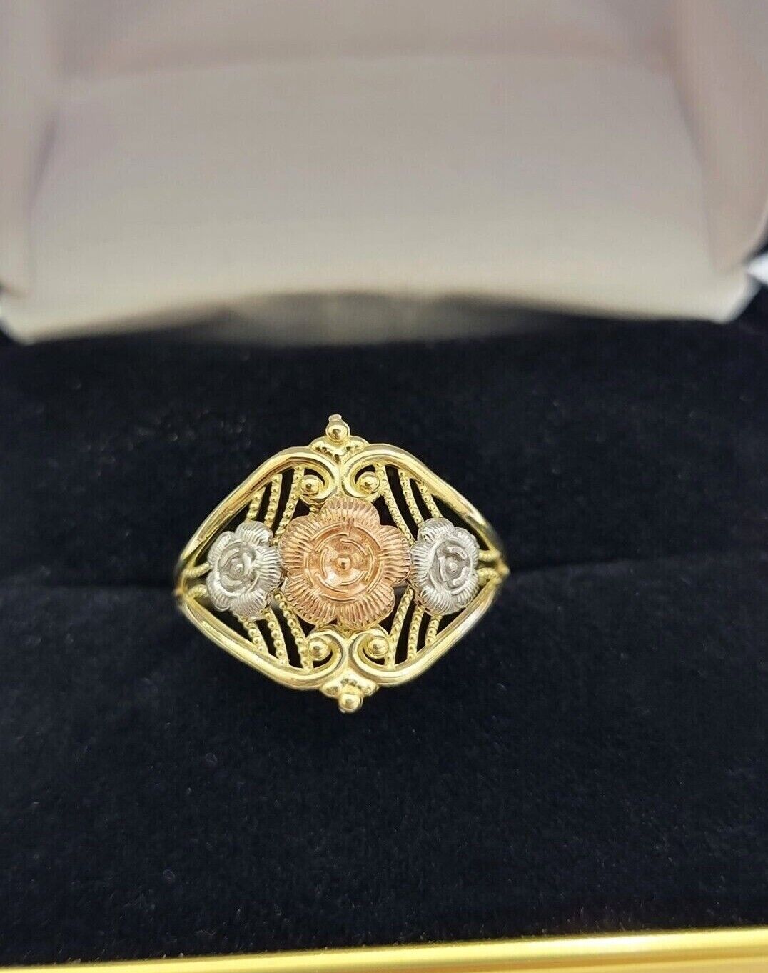 10k Trio Gold Lady Flower Ring Womens Casual Yellow Band Real 10kt Unique Design - Reva Jeweler