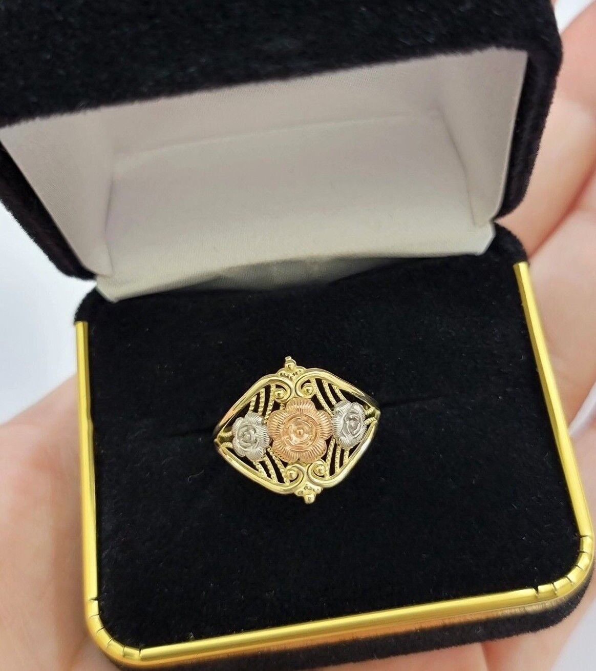 10k Trio Gold Lady Flower Ring Womens Casual Yellow Band Real 10kt Unique Design - Reva Jeweler